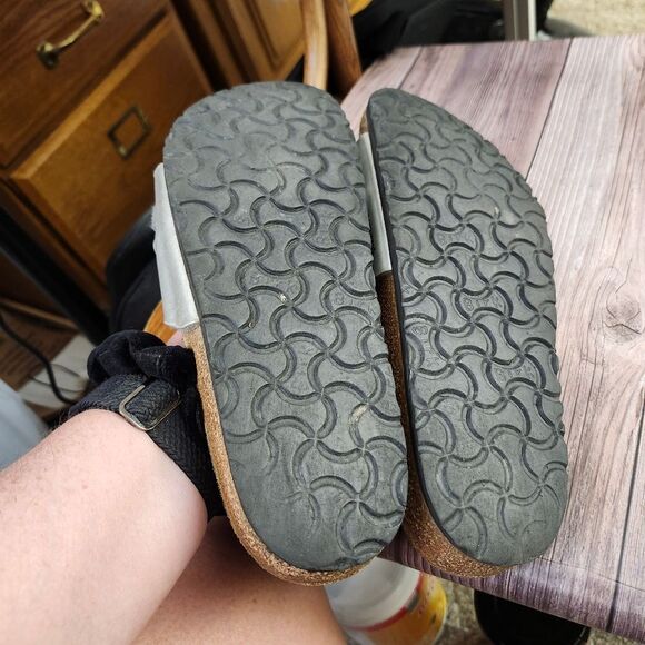 Birkenstock Silver Slide Sandals with‎ Cork Footbed Sz L9 M7 - Picture 8 of 13